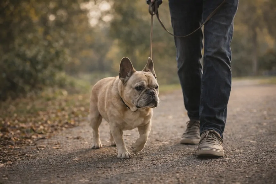 Senior french bulldog slowly walking in the park with his owner 