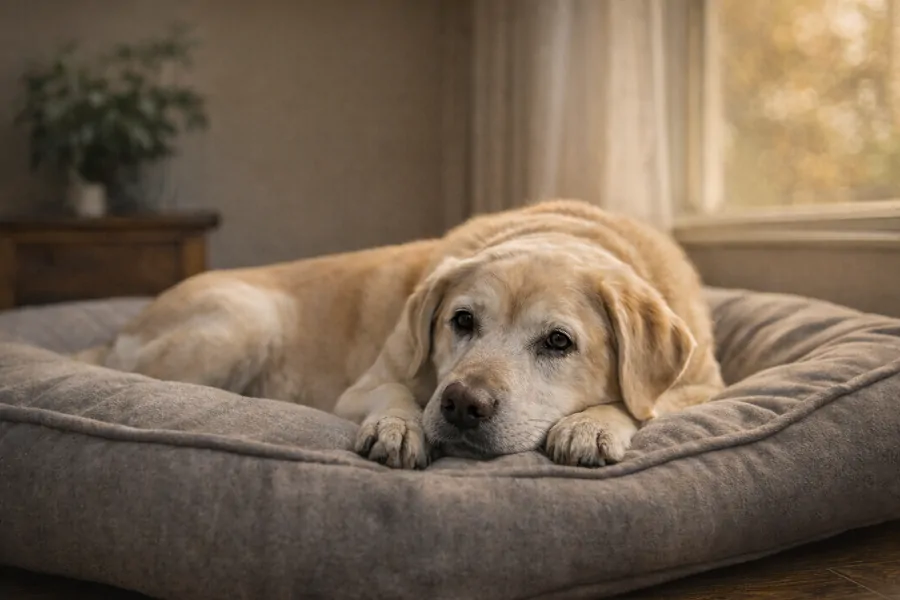 Senior labrador retriever relaxing on a pillow