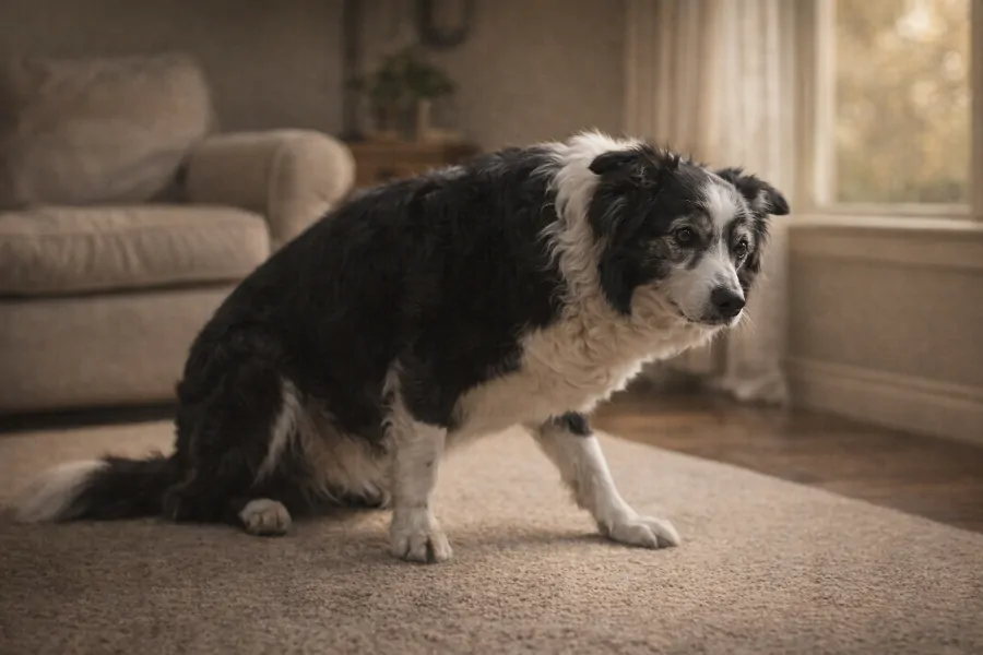 Senior border collie hesitating while standing up from the carpet