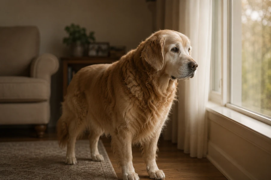 Senior golden retriever standing quietly near a living room window in soft morning light, showing subtle signs of aging in a calm home environment