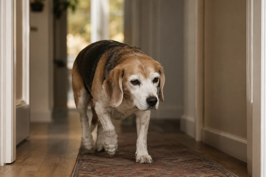 Senior beagle walking slowly through a hallway with subtle stiffness and reduced energy