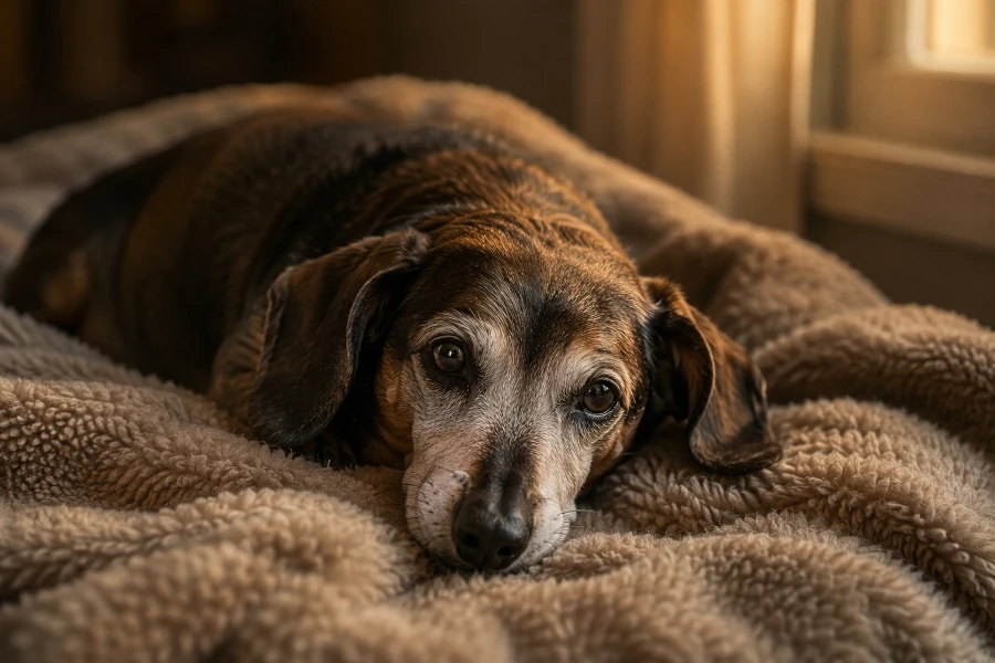Close-up of a senior dachshund resting calmly on a soft blanket, tired but peaceful eyes, warm evening side light