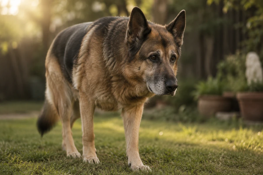 Senior german shepherd standing slowly in a quiet backyard during early morning light