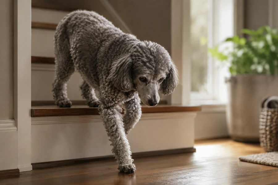 Senior poodle carefully stepping down from a low indoor stair with slight hesitation and reduced mobility