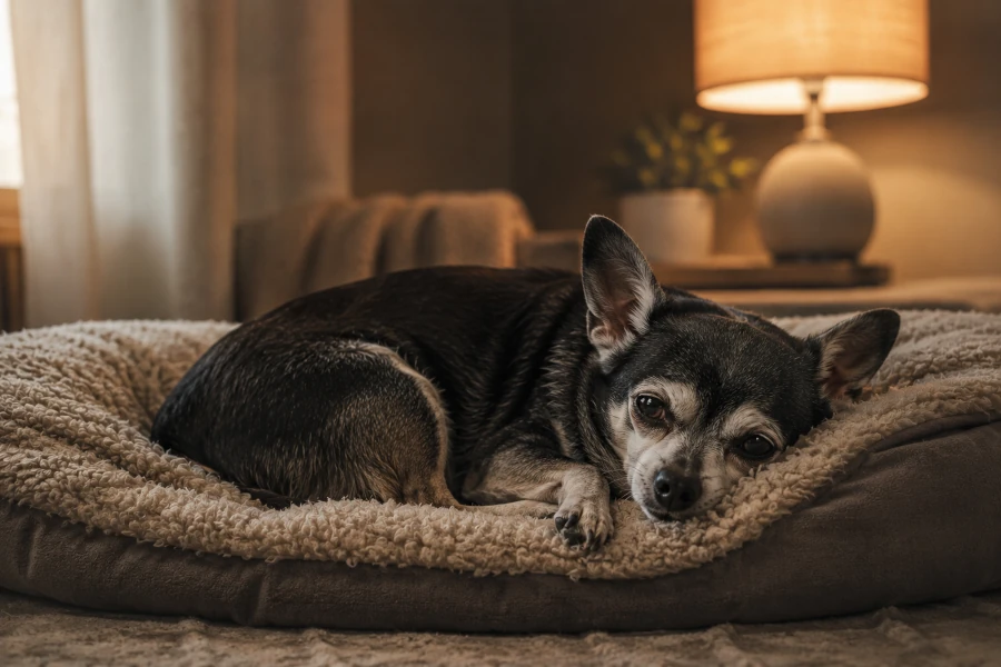 Senior chihuahua resting quietly on a soft orthopedic dog bed near a warm evening lamp