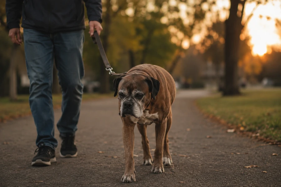 Senior boxer walking slowly beside its owner in a quiet neighborhood park during warm evening light