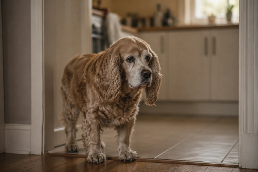 Senior cocker spaniel standing still near a kitchen doorway with subtle stiffness and slightly lowered head