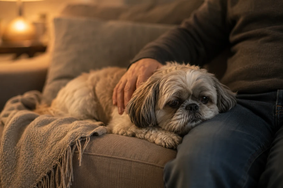 Senior shih tzu resting quietly beside his owner on a cozy sofa during warm evening light