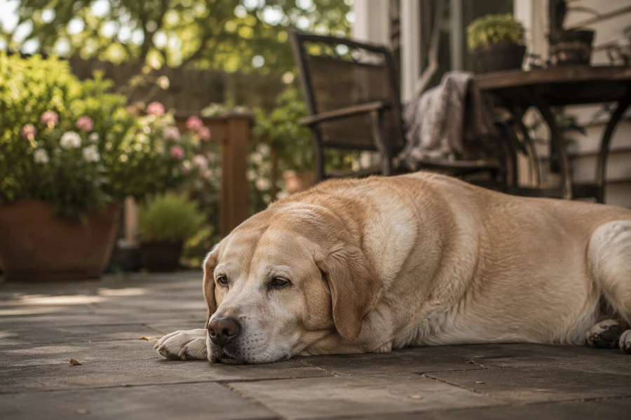 Senior labrador retriever resting peacefully on a shaded backyard patio during a quiet afternoon