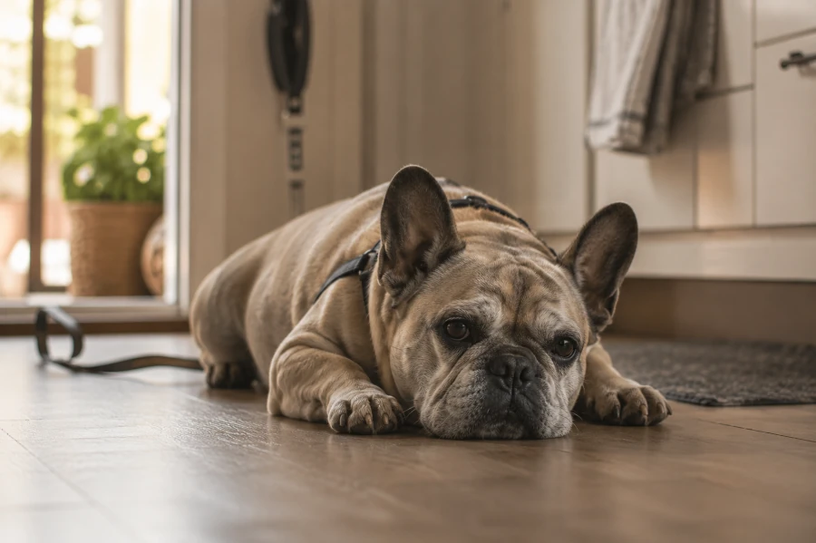 Senior french bulldog lying quietly on a kitchen floor after a short walk