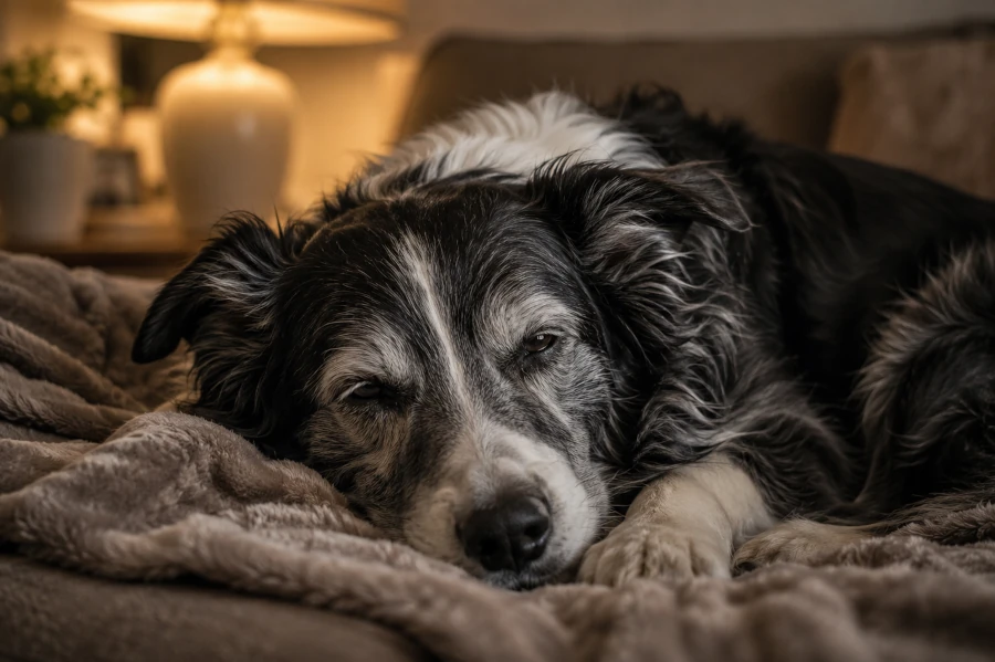 Senior border collie resting with eyes half closed on a soft blanket near a quiet living room lamp