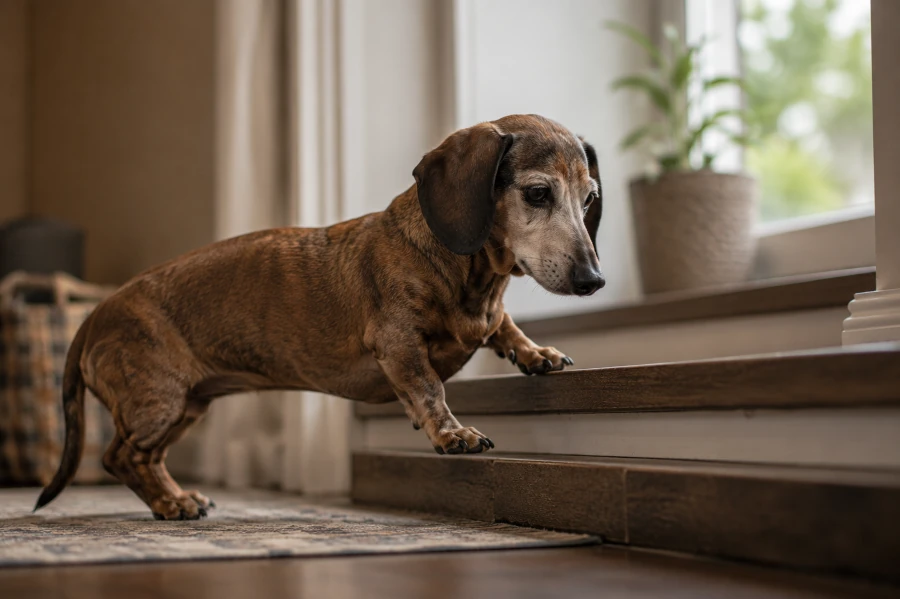 Senior dachshund pausing cautiously before climbing a small indoor step with slight hesitation and visible rear leg stiffness
