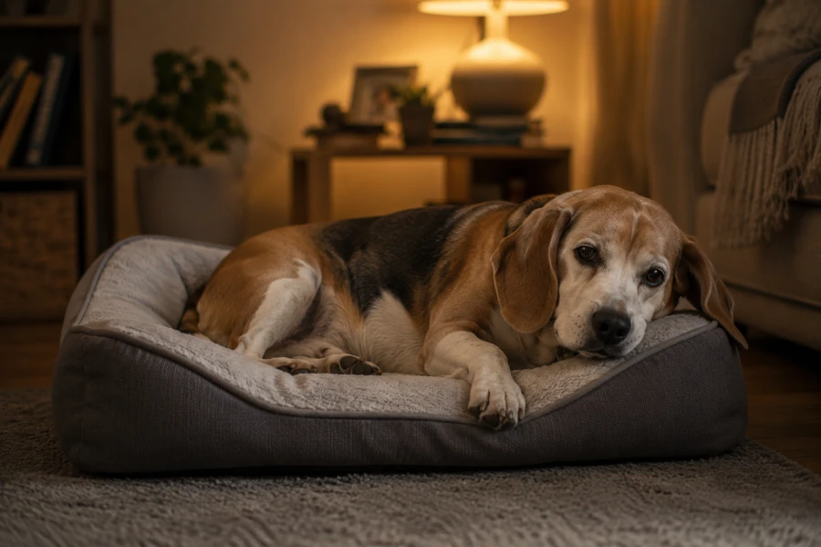 Senior beagle resting slowly on an orthopedic dog bed after light movement