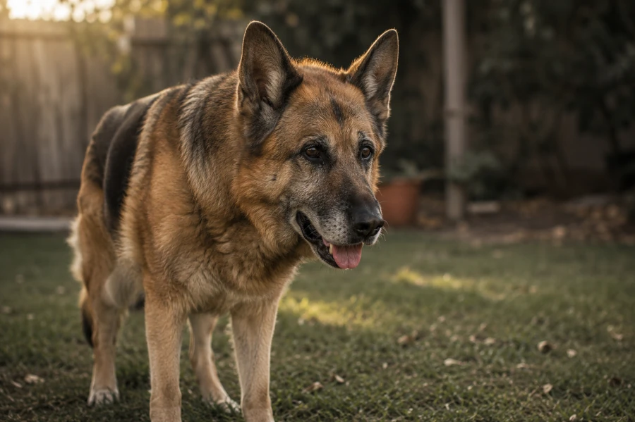 Senior german shepherd standing quietly in a peaceful backyard during early morning light with slightly heavier breathing after mild movement