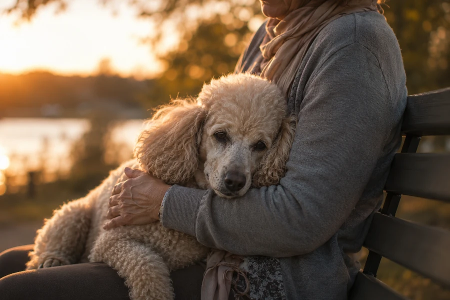Senior poodle resting calmly beside its owner on a quiet outdoor bench during soft sunset light