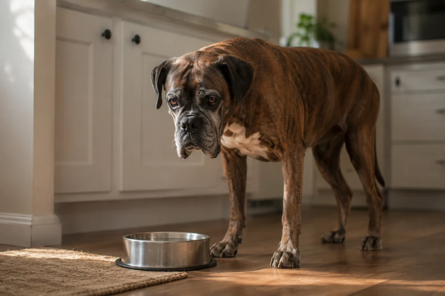 Senior boxer standing quietly near a kitchen water bowl during soft morning light