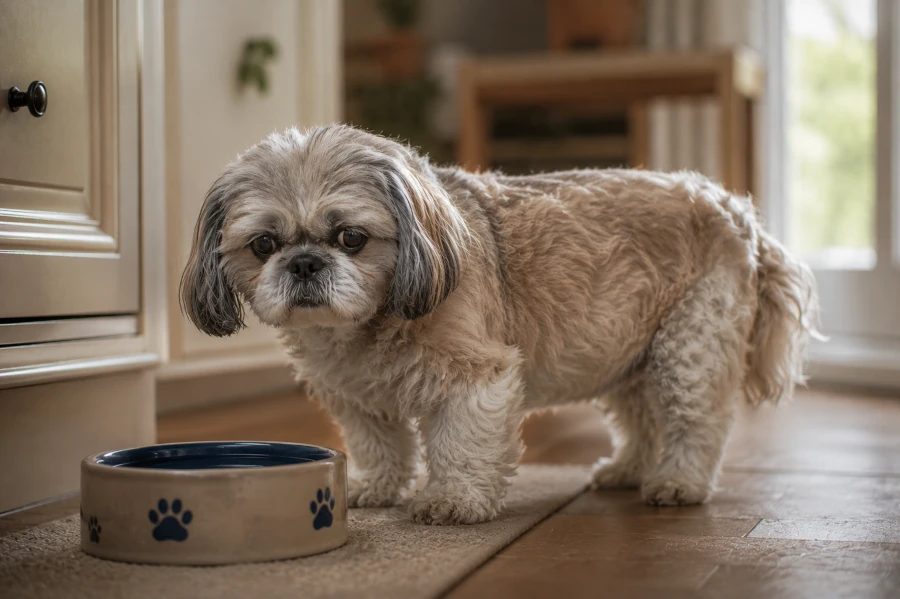 Senior shih tzu pausing quietly beside a water bowl in a cozy kitchen corner