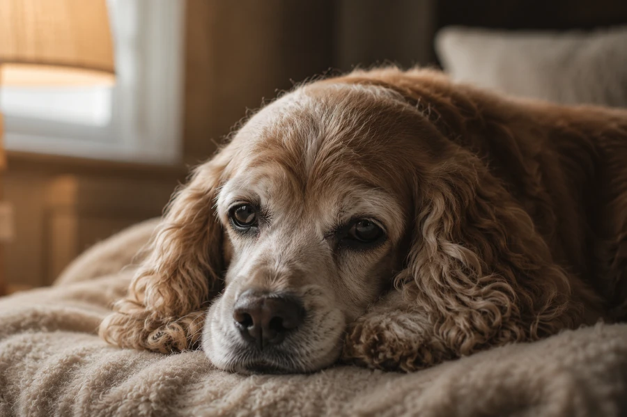 Senior cocker spaniel resting peacefully on a soft blanket near a quiet living room lamp
