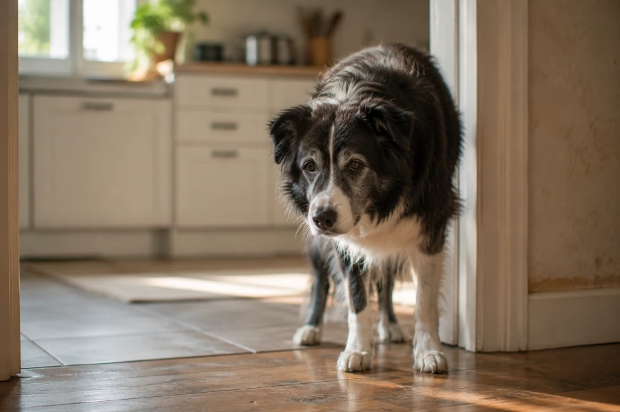 Senior border collie standing quietly near a kitchen doorway during soft morning light with slightly lowered posture and reduced energy