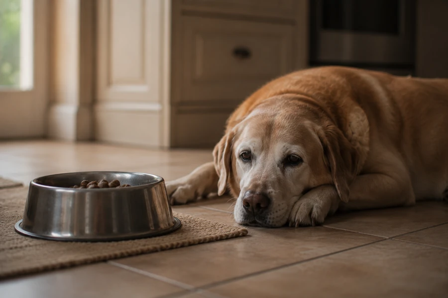 Senior labrador retriever lying quietly beside an untouched food bowl in a calm kitchen environment