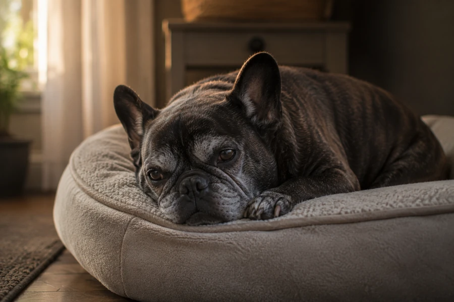 Senior french bulldog resting slowly on a soft orthopedic dog bed during warm evening light