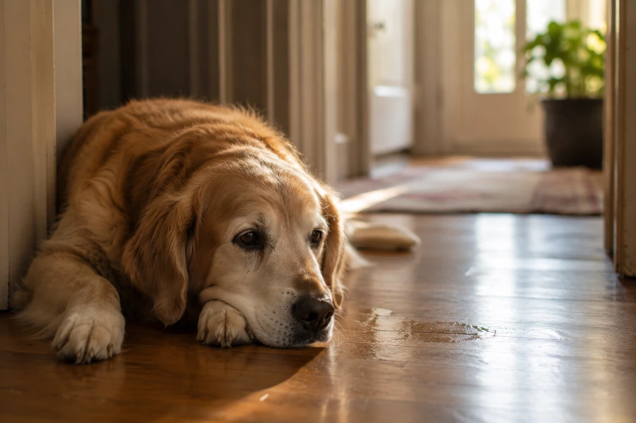 Senior golden retriever lying quietly beside a partially finished food bowl in a calm kitchen environment