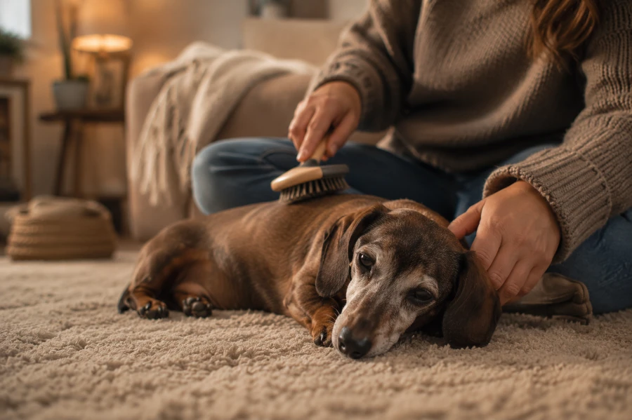 Senior dachshund resting calmly beside his owner on a cozy living room rug during soft evening light
