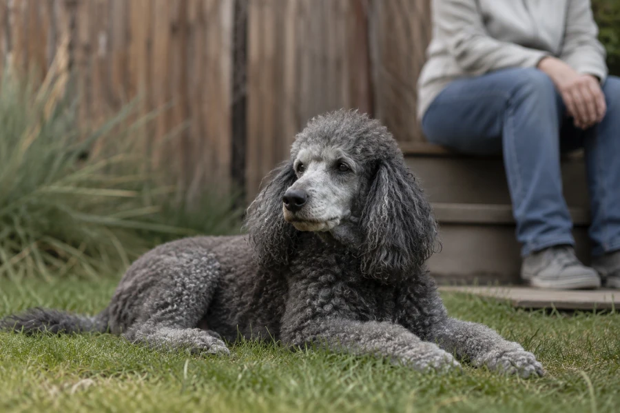 Senior poodle lying calmly in a quiet backyard garden near tall grass and a wooden fence with owner sitting nearby