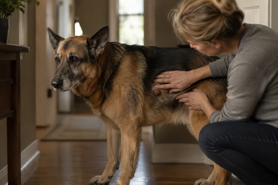 Senior german shepered standing quietly in a home hallway while owner gently checks a small unusual lump on the dog’s side