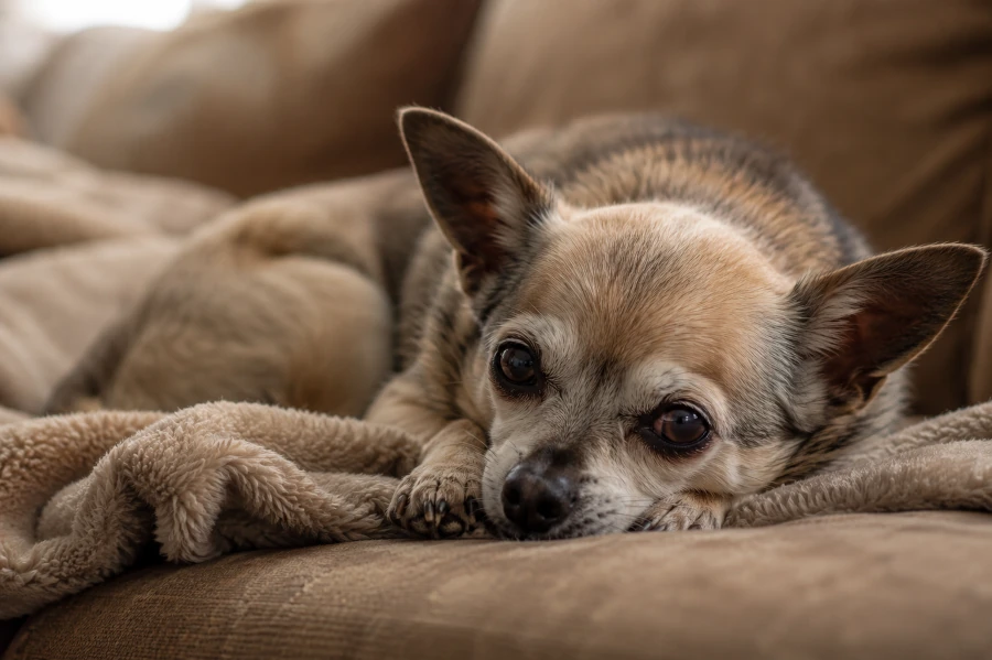 Senior chihuahua resting on a soft blanket on a couch with close intimate framing focused on tired eyes and greying face