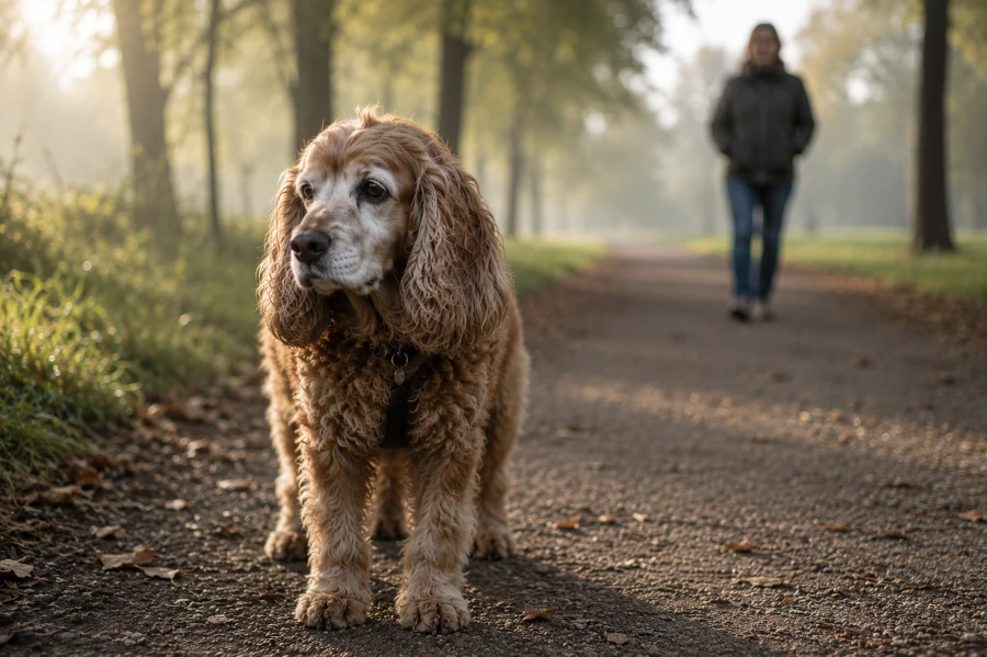 Senior cocker spaniel standing quietly on a peaceful park path during an early morning walk with owner gently waiting a few steps behind