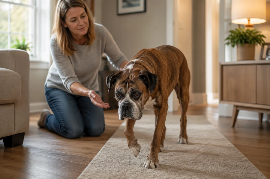 Senior boxer slowly walking through a senior-friendly living rooms with owner gently guiding him