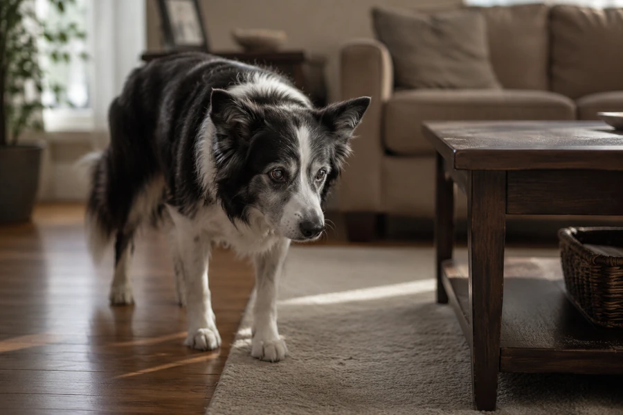 Senior Border Collie standing cautiously in a familiar living room beside a sofa and coffee table