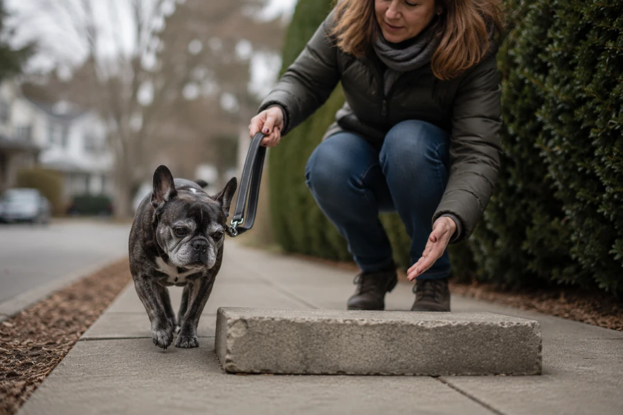 Senior French Bulldog walking slowly along a quiet residential sidewalk while owner gently guides the dog around a low obstacle