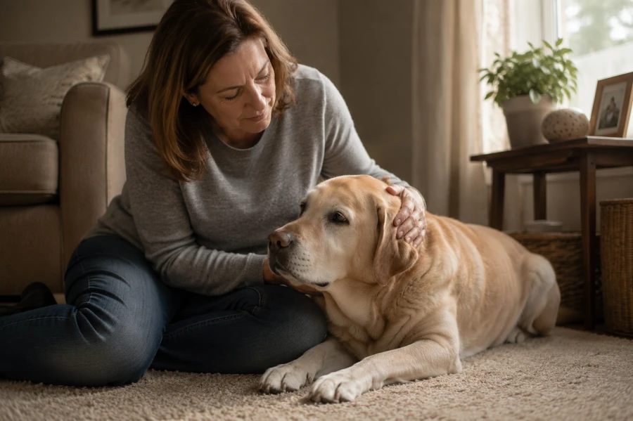 Senior Labrador Retriever resting peacefully beside owner on a living room floor near a softly lit window