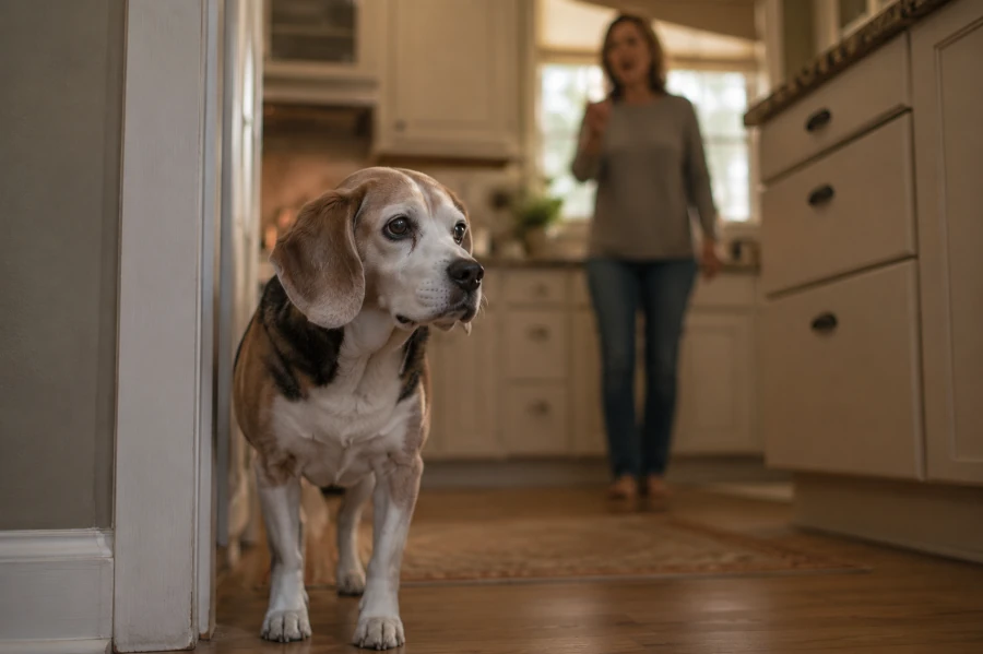 Senior Beagle standing quietly in a warm home kitchen doorway while owner softly calls from the background unnoticed