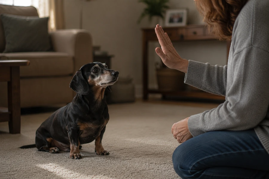 Senior Dachshund sitting attentively in a softly lit living room while owner uses a gentle hand signal instead of verbal commands