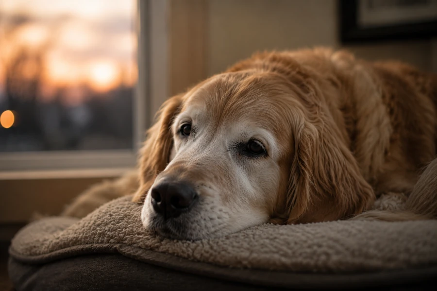 Senior Golden Retriever resting peacefully on a soft bed near a quiet window at dusk