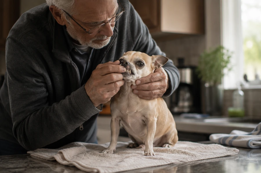 Senior Chihuahua sitting calmly on a kitchen counter towel while an elderly man gently lifts the dog’s lip to check the teeth