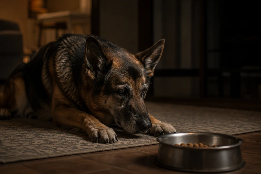 Senior German Shepherd lying awake beside a food bowl indoors at night while showing quiet hesitation before eating
