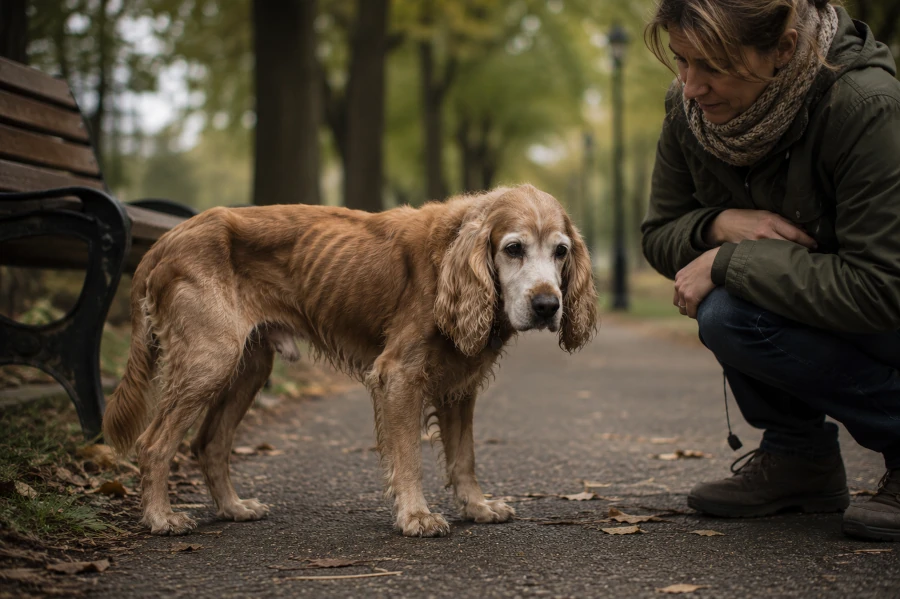 Senior Cocker Spaniel standing quietly during a slow park walk beside a wooden bench with visibly thinner body condition