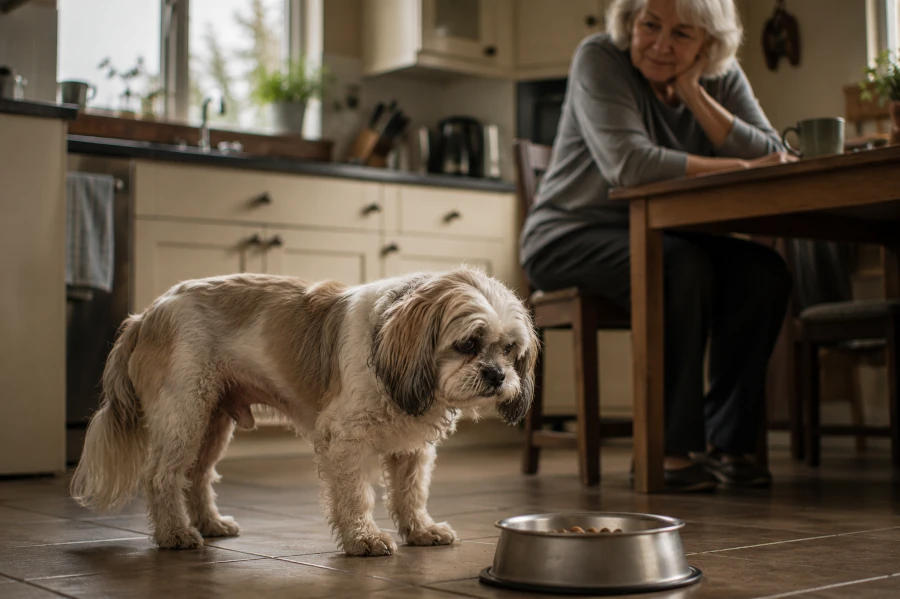 Senior Shih Tzu standing near a partially untouched food bowl in a quiet kitchen while elderly woman calmly observes eating behavior