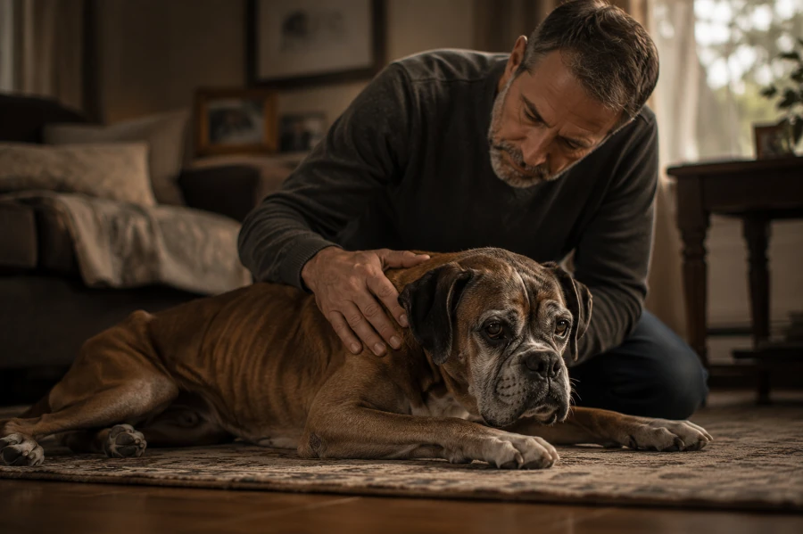 Senior Boxer lying quietly on a living room rug with visibly slimmer body condition while middle-aged man gently rests both hands on the dog’s shoulders during a calm intimate moment