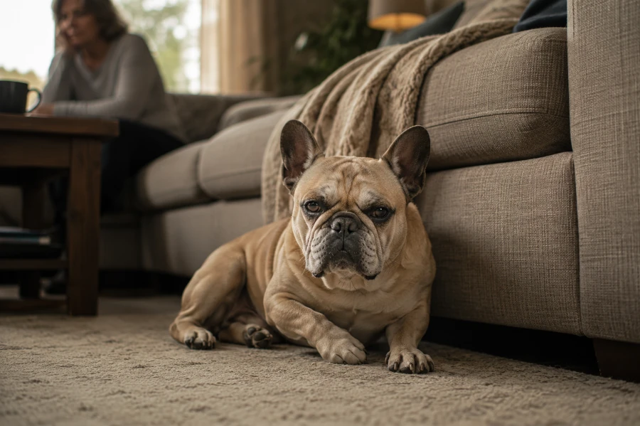 Senior French Bulldog lying quietly beside a living room couch while subtly avoiding shifting weight onto one front leg