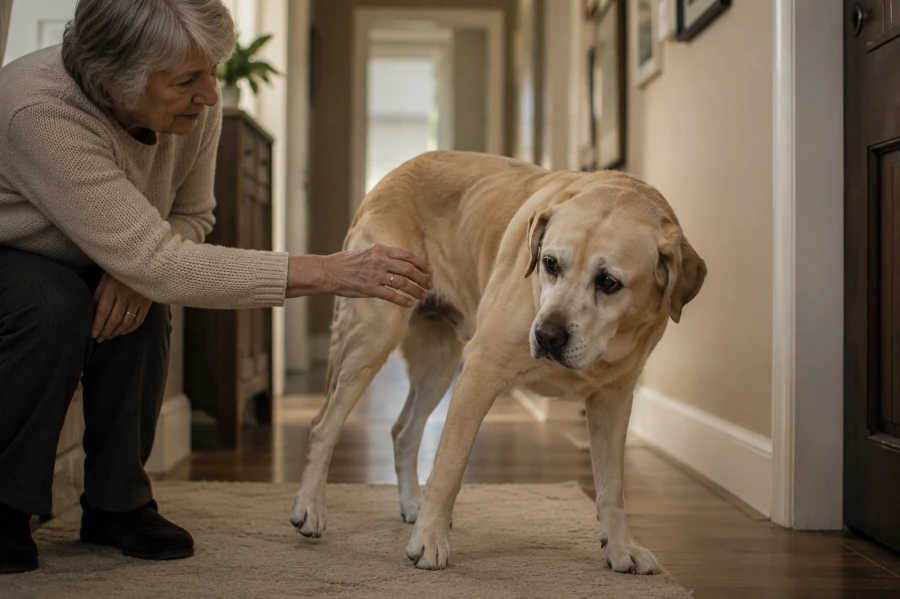 Senior Labrador Retriever standing near a hallway entrance while gently pulling slightly away as elderly woman carefully reaches toward the shoulder area