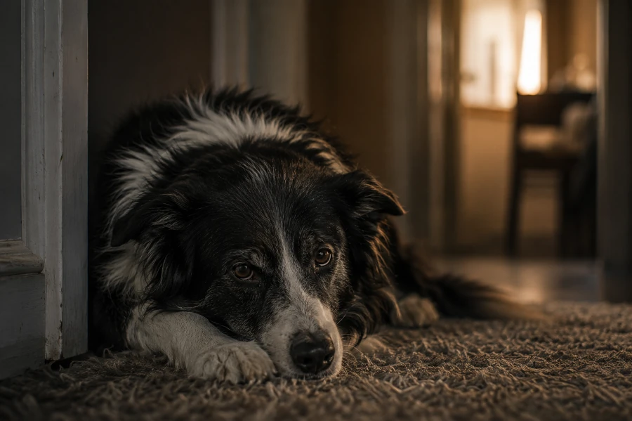 Senior Border Collie resting alone on a soft rug near a dim hallway at dusk with subtle facial tension suggesting chronic discomfort