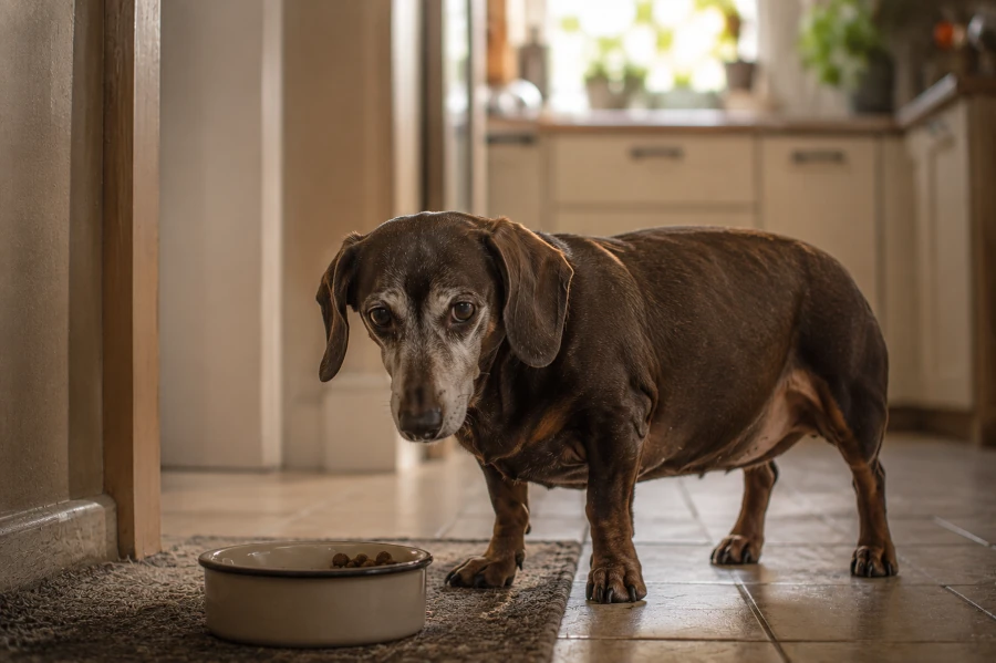 Senior Dachshund standing quietly near a kitchen doorway beside a partially untouched food bowl