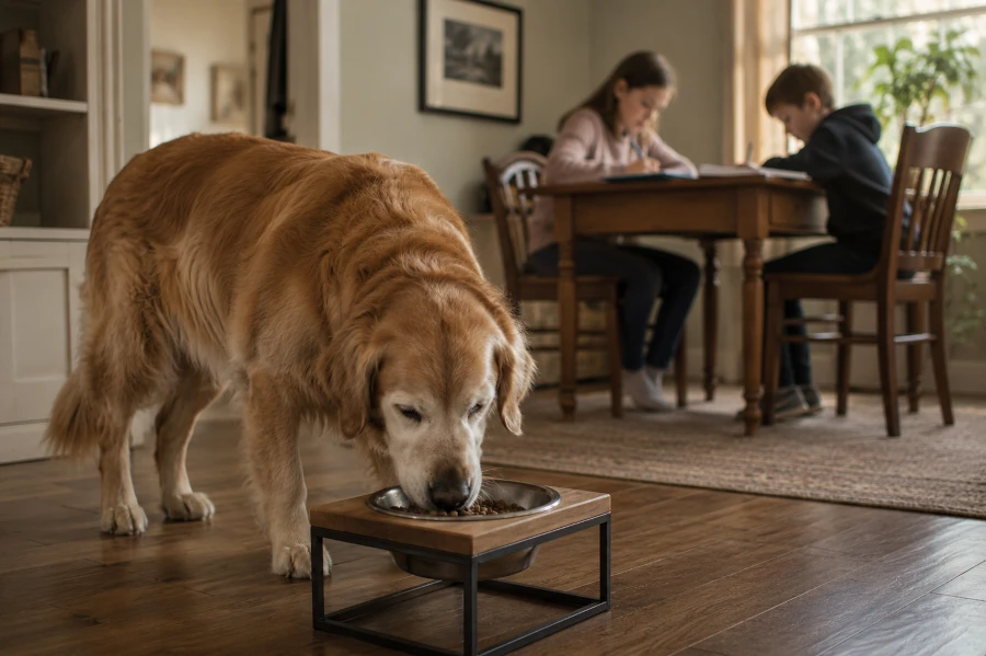 Senior Golden Retriever calmly eating a small portion of food from a raised bowl in a quiet dining area while two children sit nearby doing homework at the table