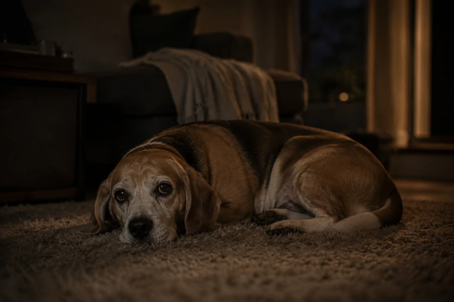 Senior Beagle lying awake on a soft living room rug late at night with slightly uncomfortable curled posture near the abdomen