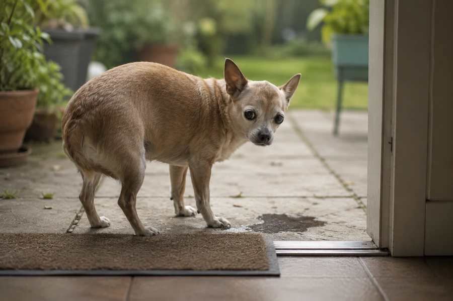 Senior Chihuahua standing quietly near the back door of a small backyard patio after an accident with subtle embarrassed body language